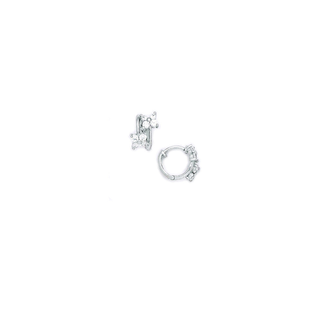 14k White Gold CZ Dual Flower Huggy Earrings