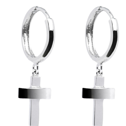 14k White Gold Cross Huggy Earrings