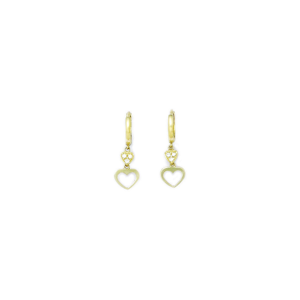 14k Yellow Gold CZ Dual Heart Huggy Earrings