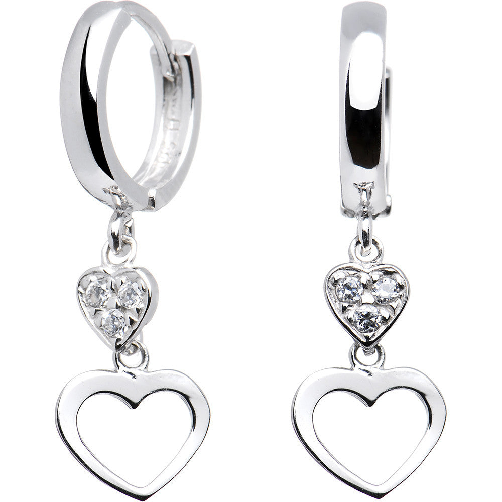 14k White Gold CZ  Dual Heart Huggy Earrings