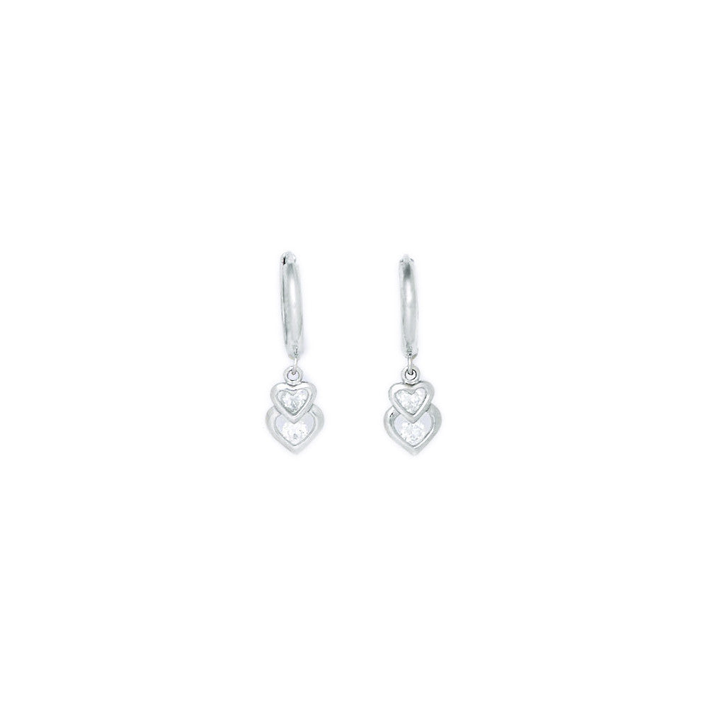 14k White Gold CZ  Heart Duet Huggy Earrings
