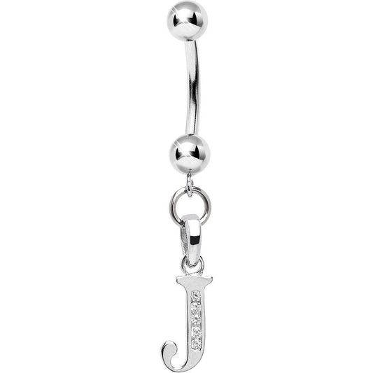16G Solid 14k White Gold CZ Initial J Belly Ring