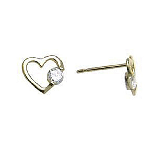 14k Yellow Gold CZ Hollow Heart Stud Earrings 7mm