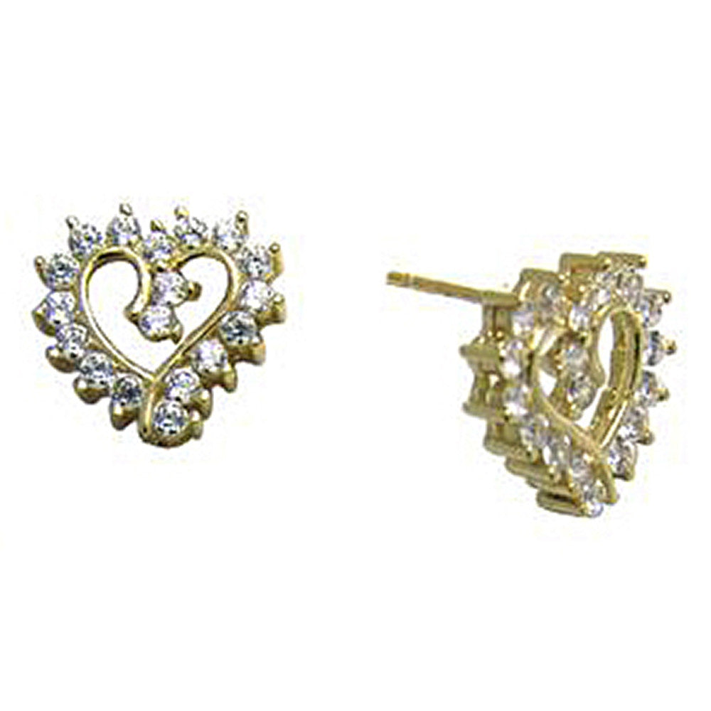 14k Yellow Gold CZ Hollow Heart Stud Earrings 10mm