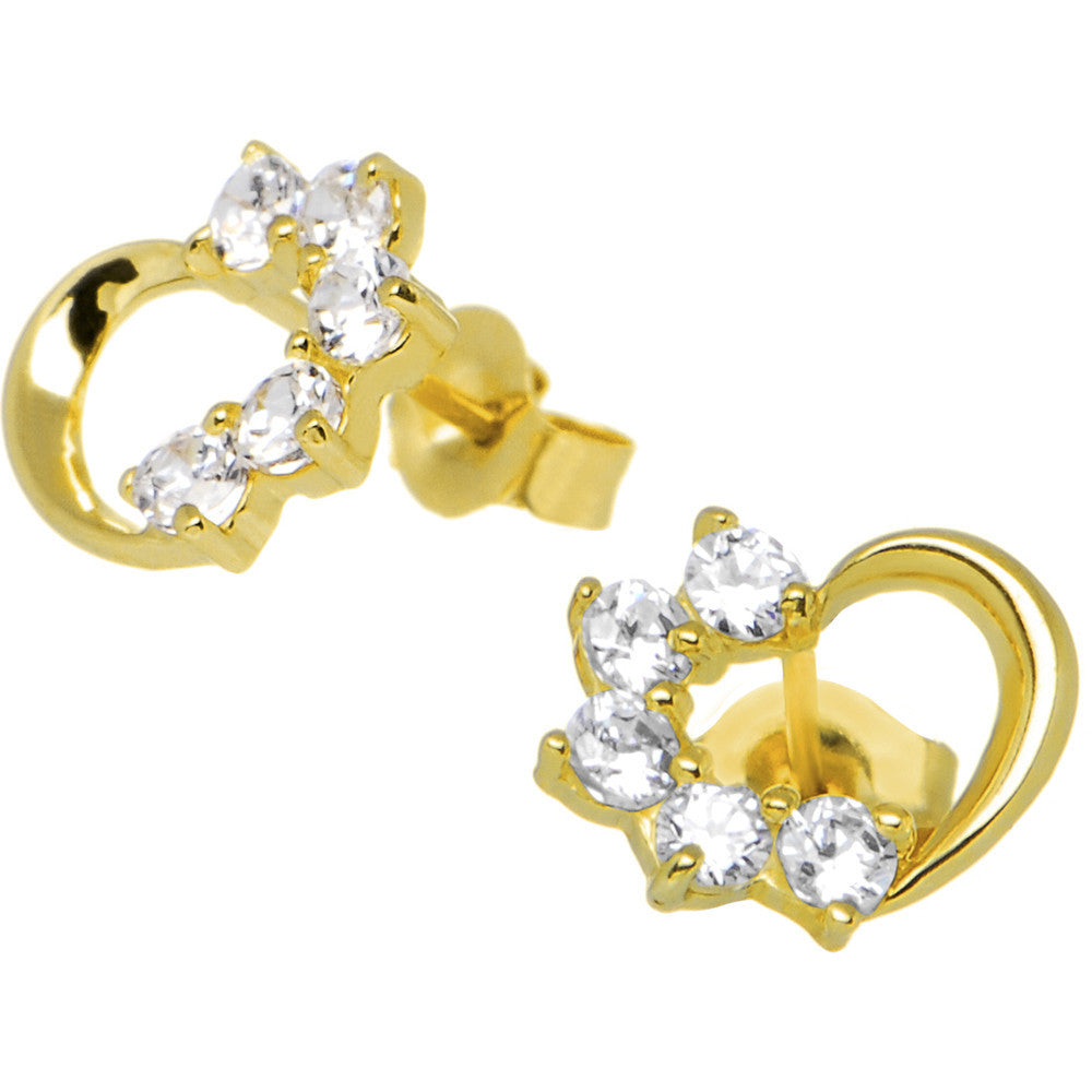14k Yellow Gold CZ Hollow Heart Stud Earrings 8mm