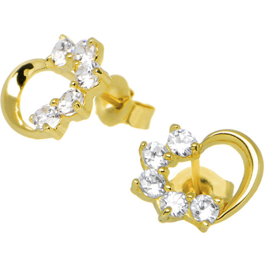 14k Yellow Gold CZ Hollow Heart Stud Earrings 8mm