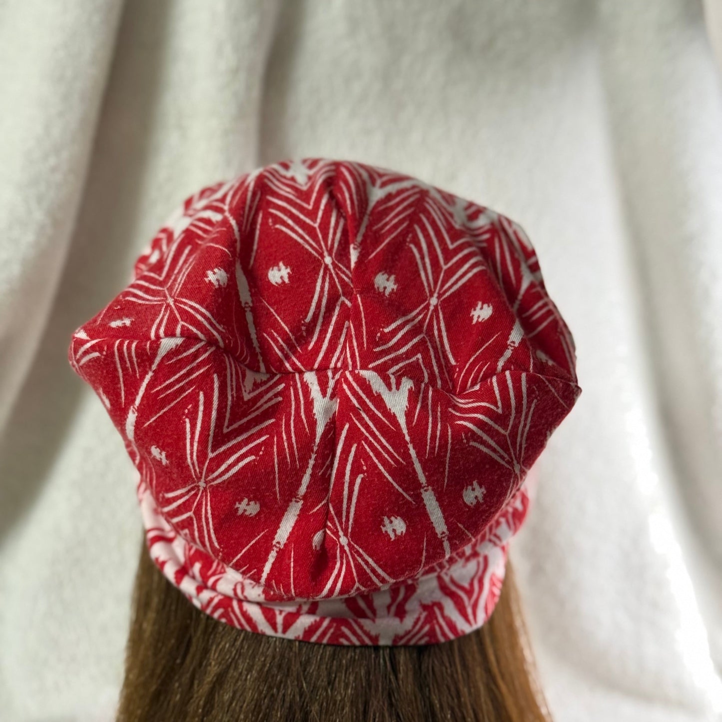 Red Geometric Lightweight Slouch Beanie – Upcycled Everyday Hat