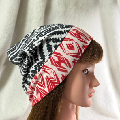 Black & Red Geometric Lightweight Slouch Beanie – Upcycled Everyday Hat