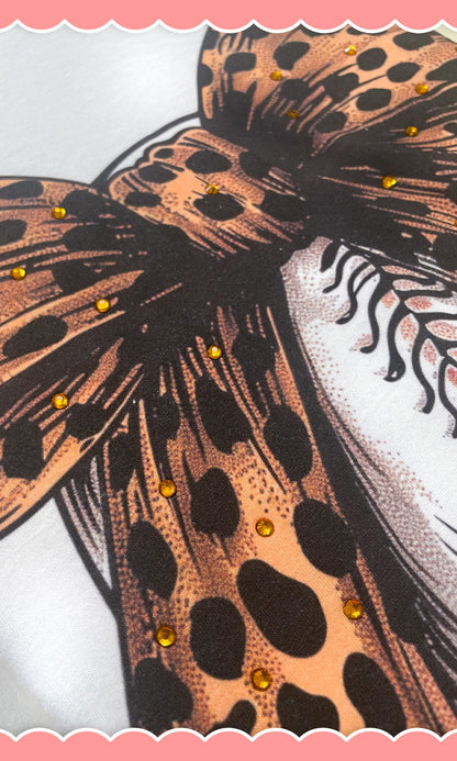 Baseball Cheetah Bow Rhinestone Graphic Crop Top Shirt