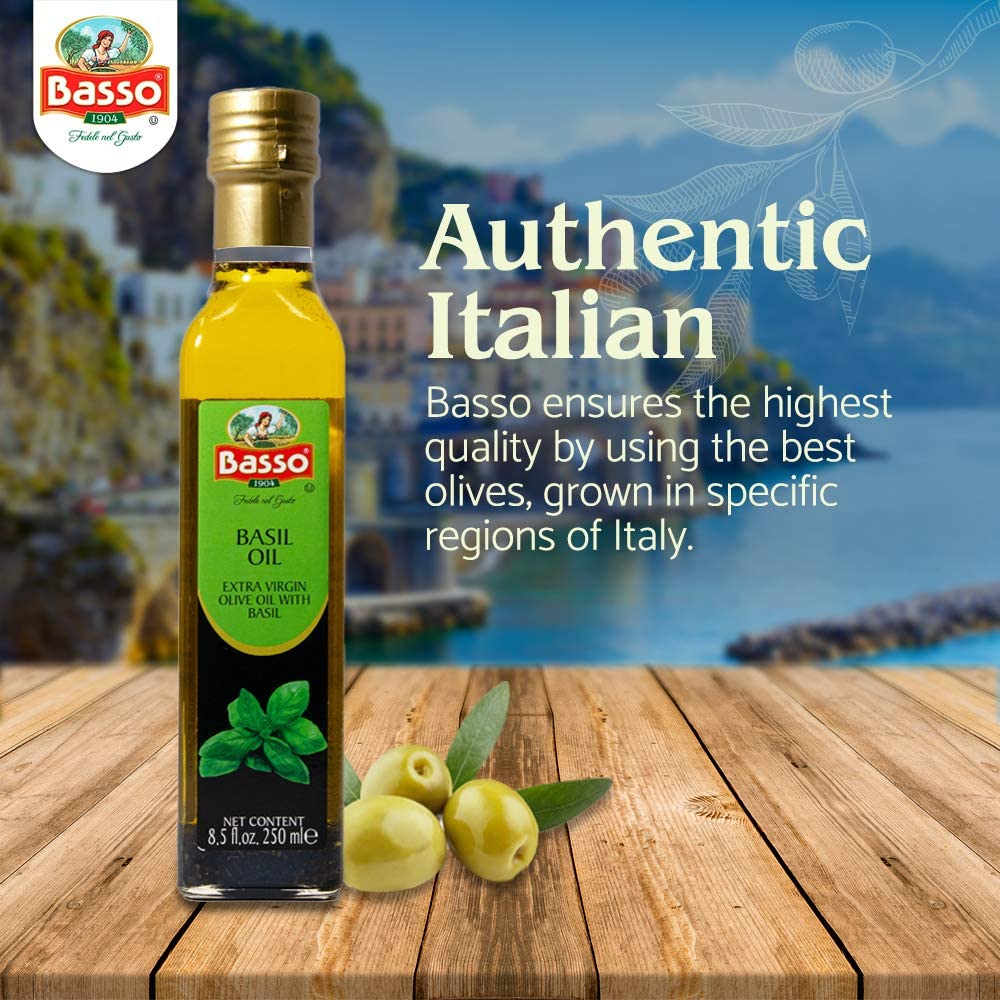 Basso 1904 Infused Extra Virgin Olive Oil Gift Set – Garlic, Chili Pepper, Rosemary, Basil – 4 x 8.5 fl oz (250 ml)