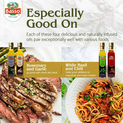 Basso 1904 Infused Extra Virgin Olive Oil Gift Set – Garlic, Chili Pepper, Rosemary, Basil – 4 x 8.5 fl oz (250 ml)