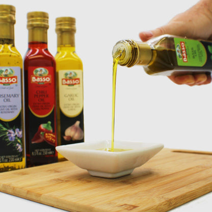 Basso 1904 Infused Extra Virgin Olive Oil Gift Set – Garlic, Chili Pepper, Rosemary, Basil – 4 x 8.5 fl oz (250 ml)