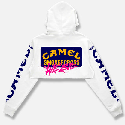 CAMEL PUFFED & BUFFED CROP PULLOVER WHITE HOODIE