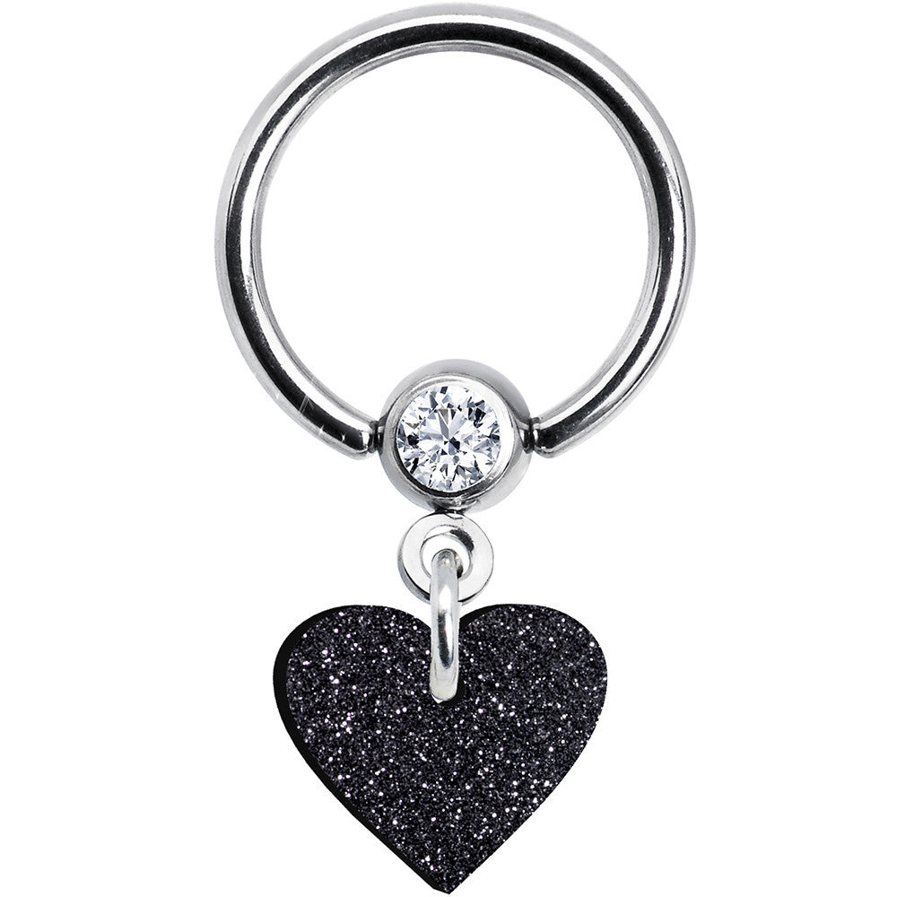 14G 1/2 Clear Gem Black Glitter Heart Dangle BCR Captive Ring