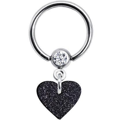 14G 1/2 Clear Gem Black Glitter Heart Dangle BCR Captive Ring