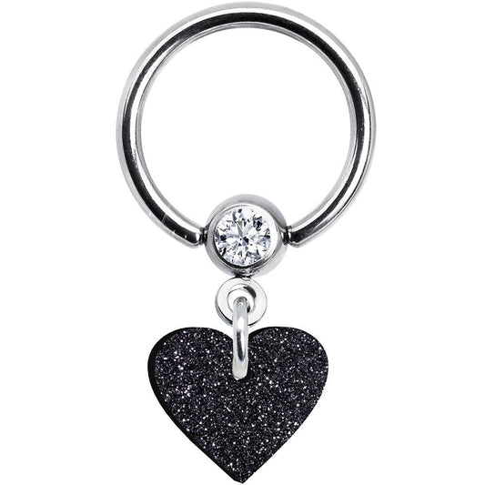 14G 1/2 Clear Gem Black Glitter Heart Dangle BCR Captive Ring