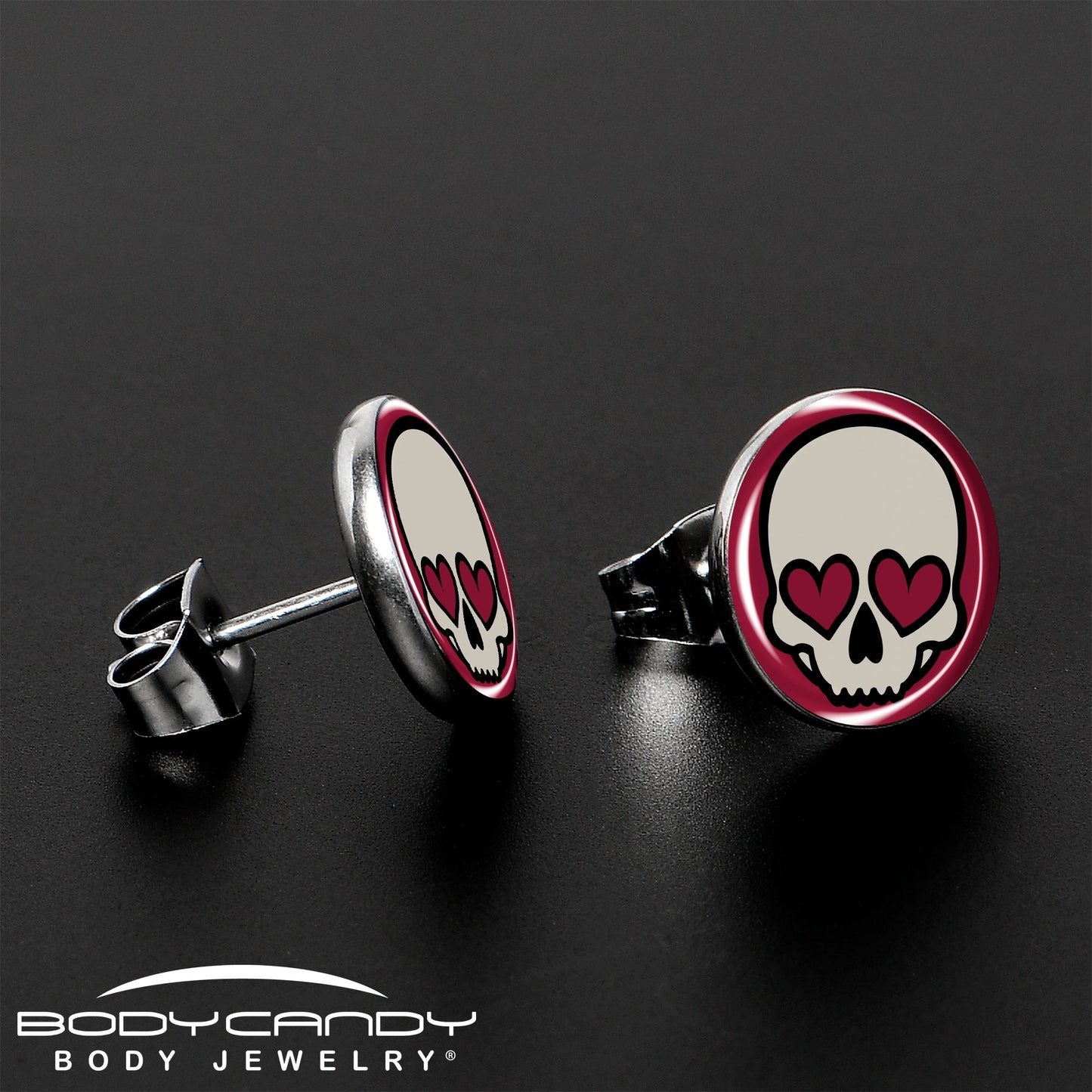 Valentine Heart Skull Stud Earrings