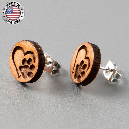 Natural Maple Wood Heart Paw Print Stud Earrings