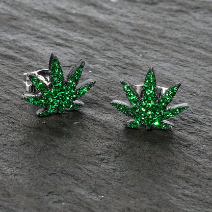 Green Glitter Marijuana Pot Leaf Stud Earrings