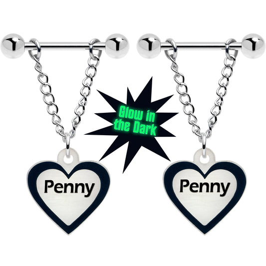 Custom Heart Glow in the Dark Chain Personalized Name Dangle Nipple Ring Set