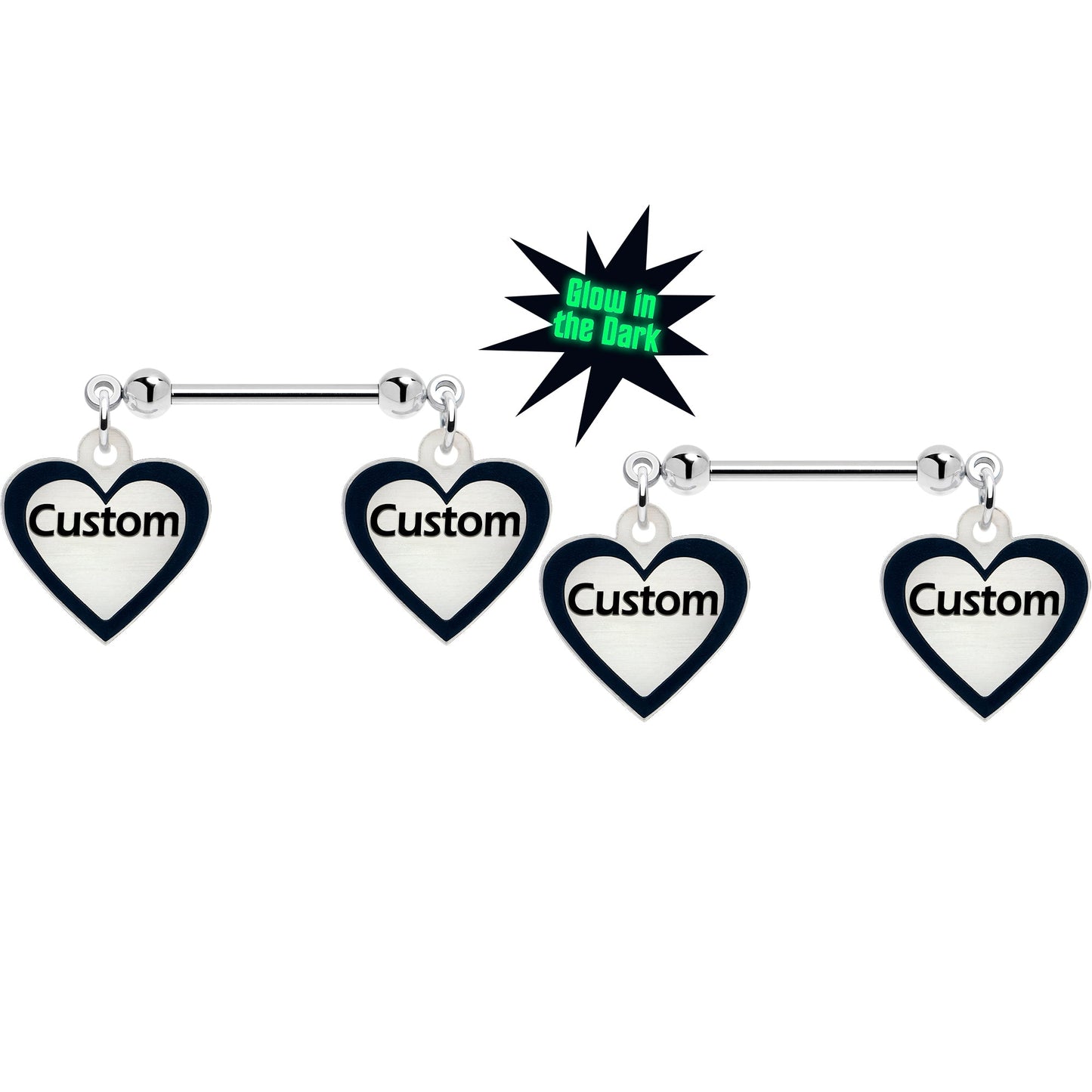Custom Heart Glow in the Dark Double Personalized Name Dangle Nipple Ring Set