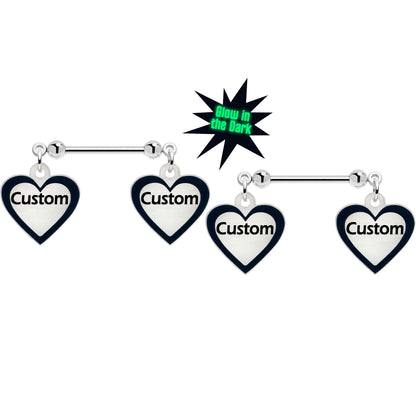 Custom Heart Glow in the Dark Double Personalized Name Dangle Nipple Ring Set