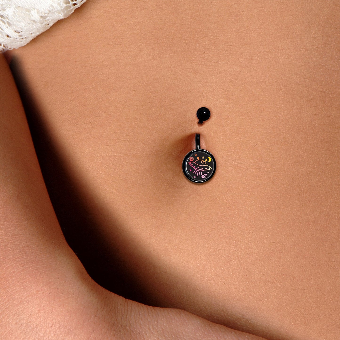 Pretty Pink UFO in Space Black Belly Ring