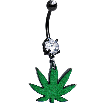 Double Gem Green Marijuana Pot Leaf Black Dangle Belly Ring