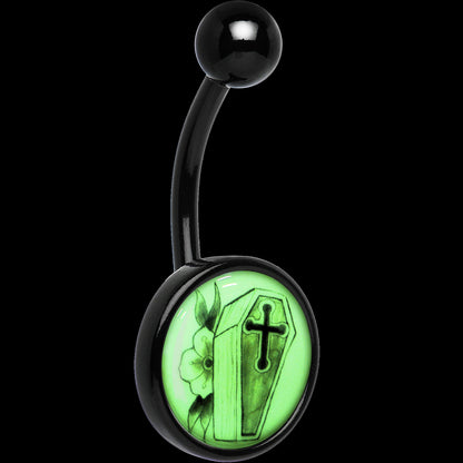 Black Titanium Coffin and Flower Glow in the Dark Belly Ring
