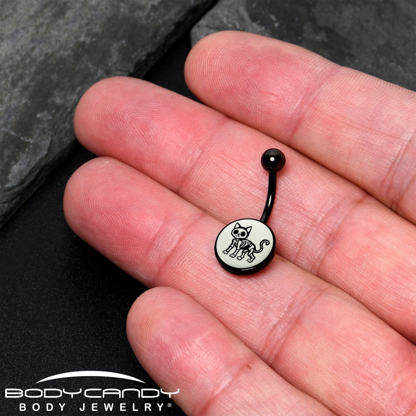 Black Anodized Glow in the Dark Skeleton Kitty Cat Belly Ring by Onyx O