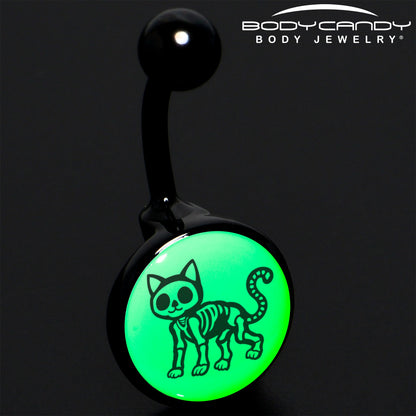 Black Anodized Glow in the Dark Skeleton Kitty Cat Belly Ring by Onyx O