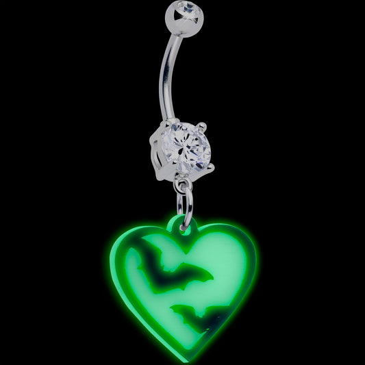 Flying Bat Heart Glow in the Dark Dangle Belly Ring by Onyx O