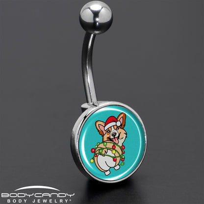 Christmas Holiday Lights Corgi Dog Belly Ring by Onyx O