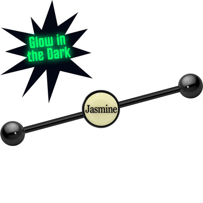 Custom Glow in the Dark Personalized Industrial Barbell in Black Titanium