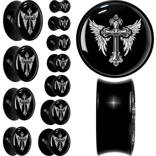 0G Black White Winged Cross Black Acrylic Saddle Plug Set by Onyx O