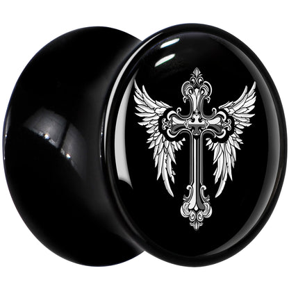 0G Black White Winged Cross Black Acrylic Saddle Plug Set by Onyx O