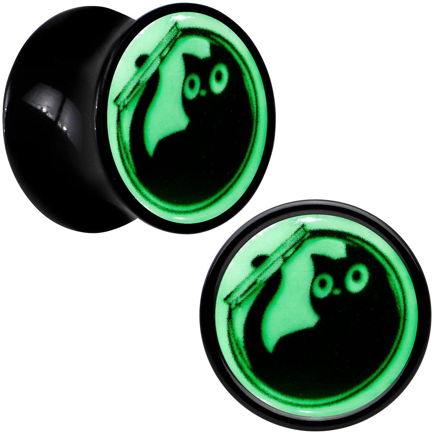 0G Glow in the Dark Fishbowl Kitty Cat Black Acrylic Saddle Plug Set by Onyx O