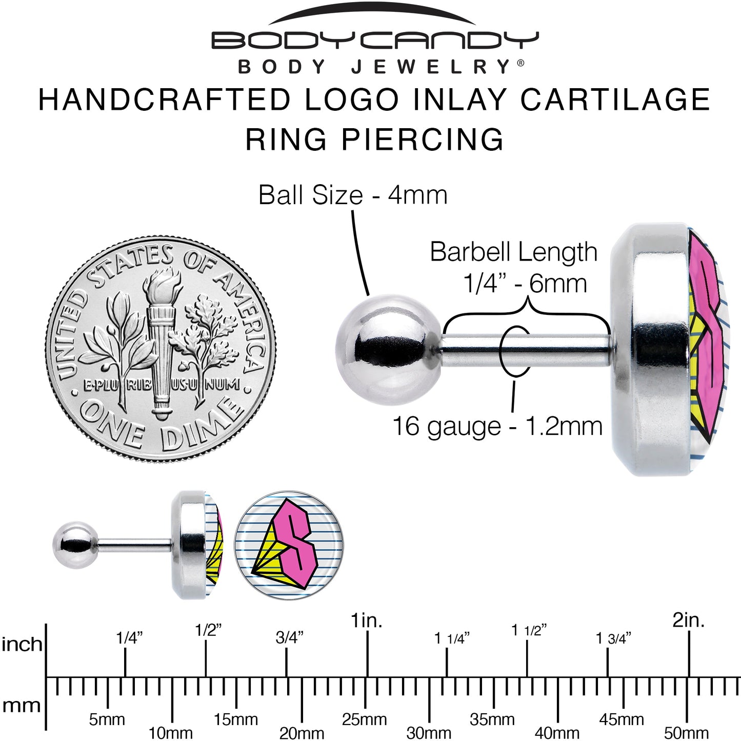 16G 1/4 Hot Pink Cool S Tragus Cartilage Earring by Onyx O