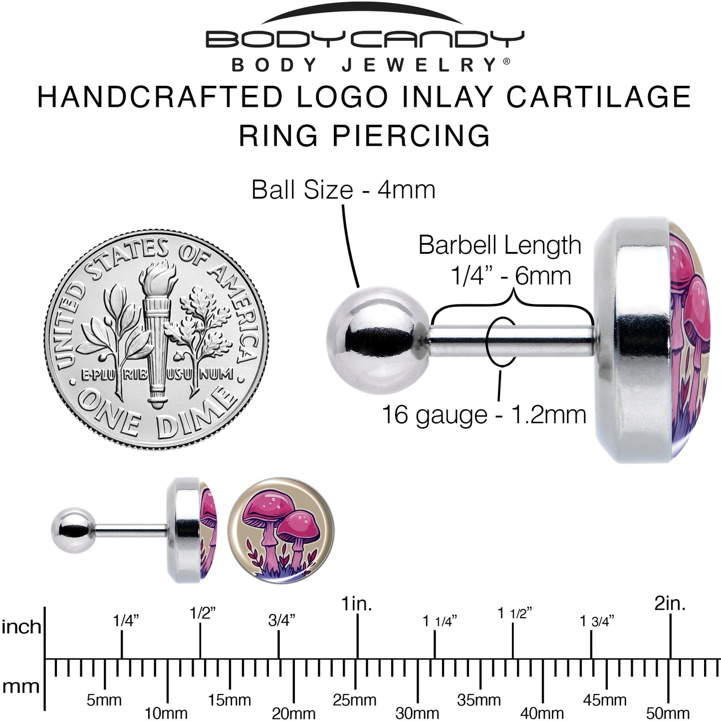16G 1/4 Artist Drawn Pink Mushrooms Tragus Cartilage Earring by Onyx O