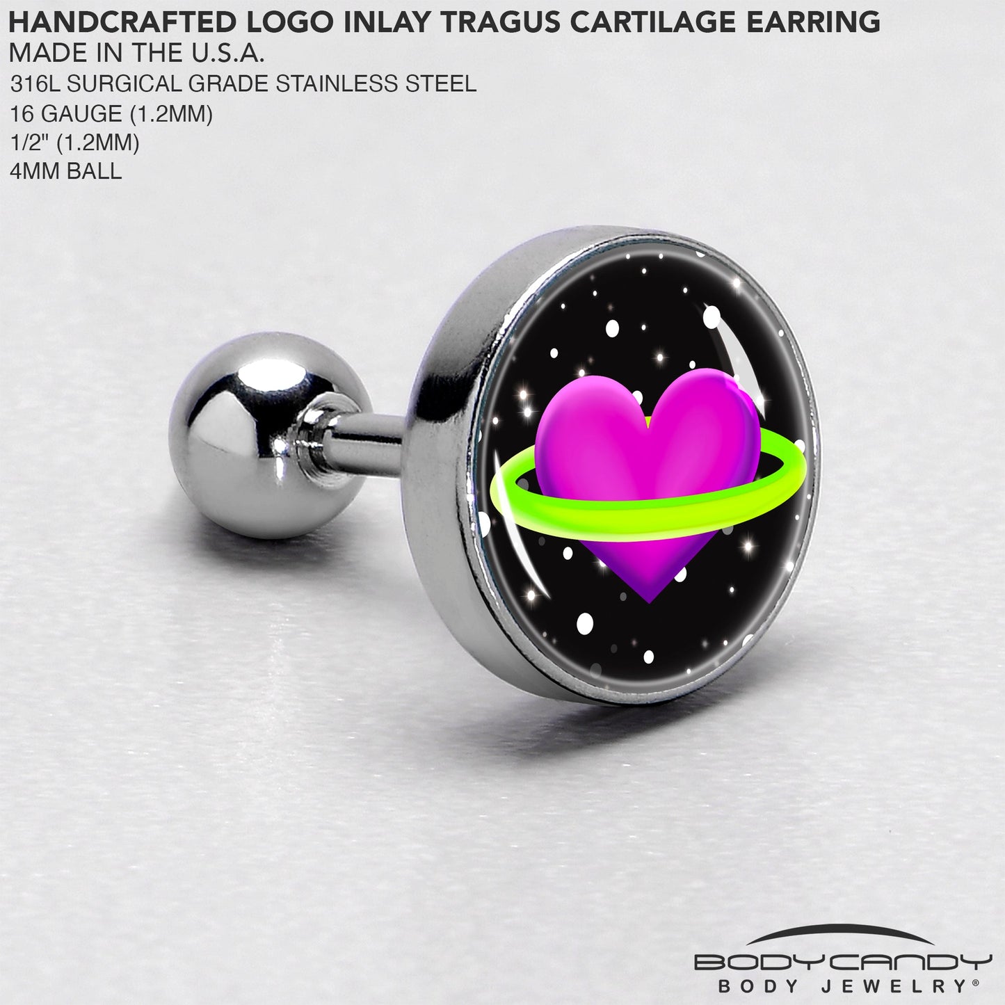 16G 1/4 Heart Planet Cartilage Tragus Earring by Onyx O