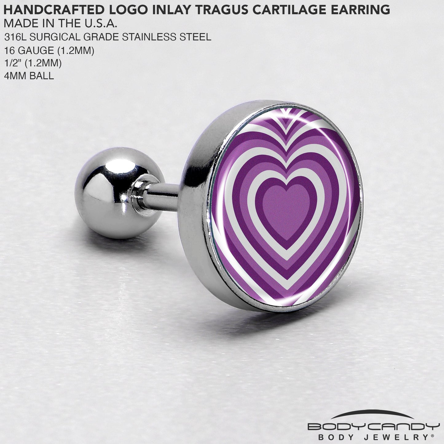 16G 1/4 Purple Retro Heart Tragus Cartilage Earring by Onyx O