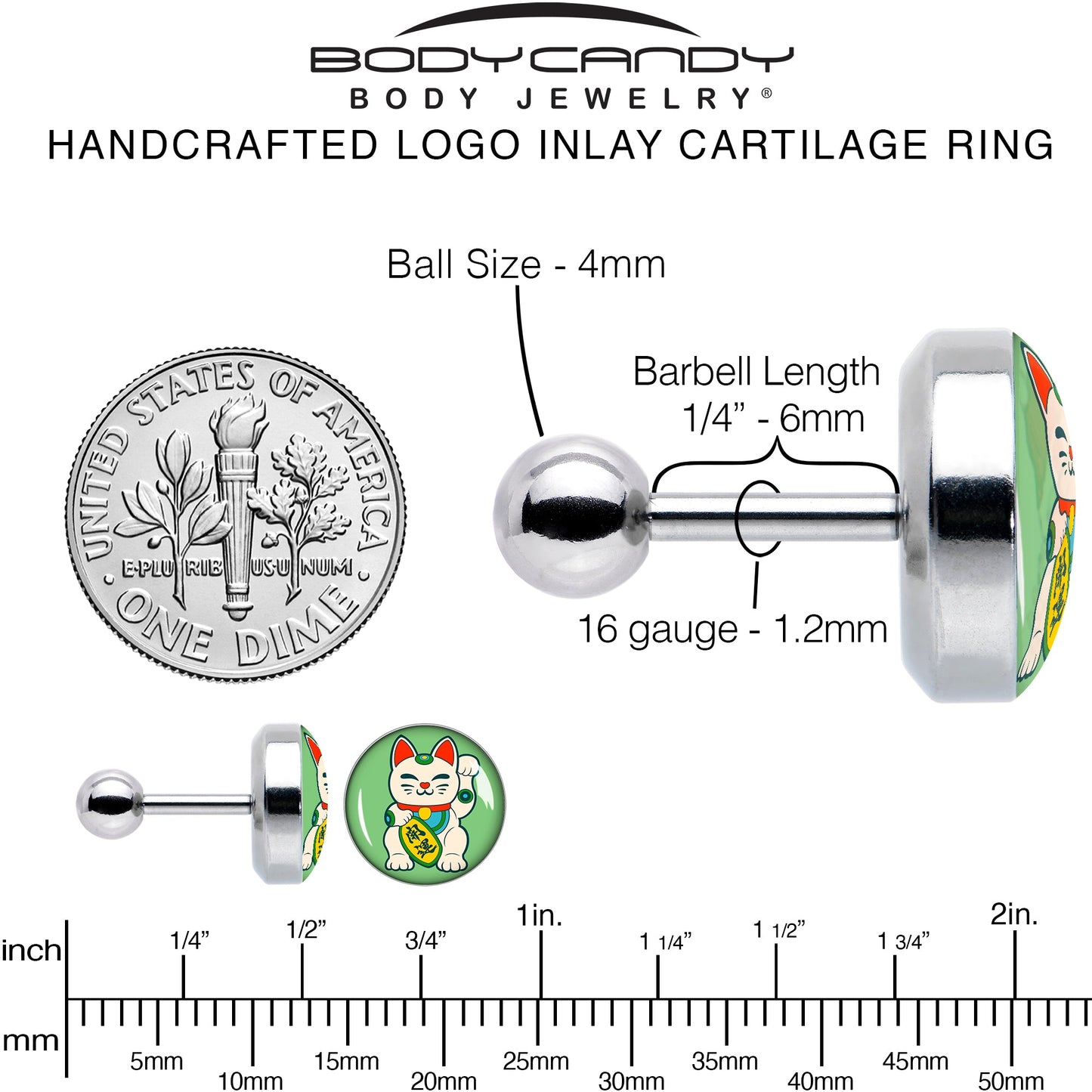 16G 1/4 Waving Cat Cartilage Tragus Earring by Onyx O