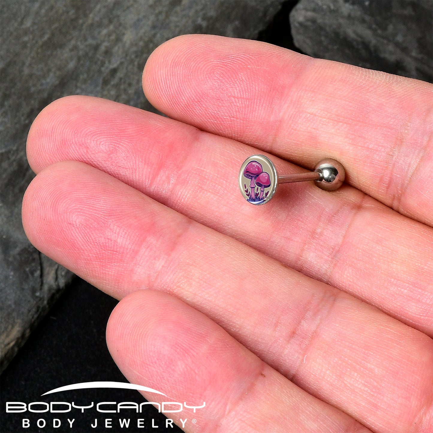 Artist Drawn Pink Mushrooms Barbell Tongue Ring by Onyx O