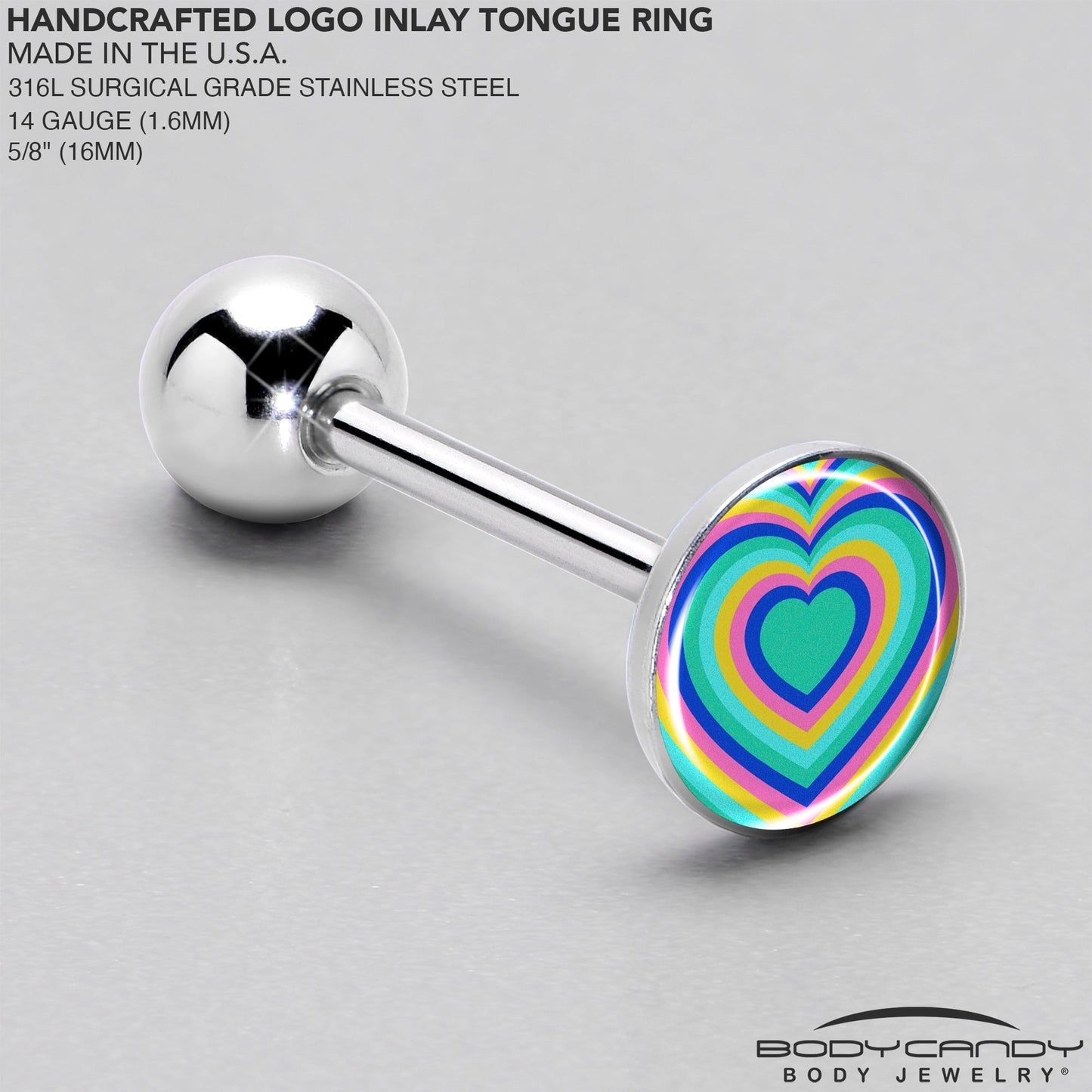 Rainbow Retro Heart Barbell Tongue Ring by Onyx O