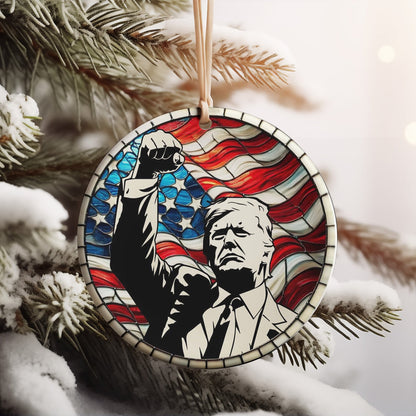 Trump with Raised Fist Stained Glass Christmas, American Pride Keepsake Ceramic Ornament, Perfect for Car & Christmas Tree Decor T1667 - GOP