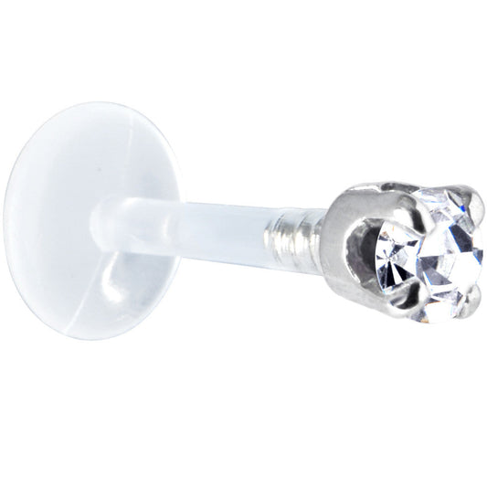 16G 1/4 Solid 14K White Gold 3mm Clear Cubic Zirconia Bioplast Tragus Earring Stud