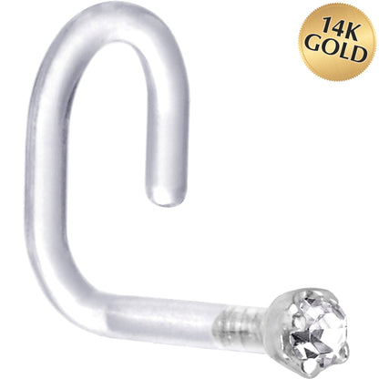 18G 1/4 White Gold 1.5mm Clear Cubic Zirconia Bioplast Nose Ring