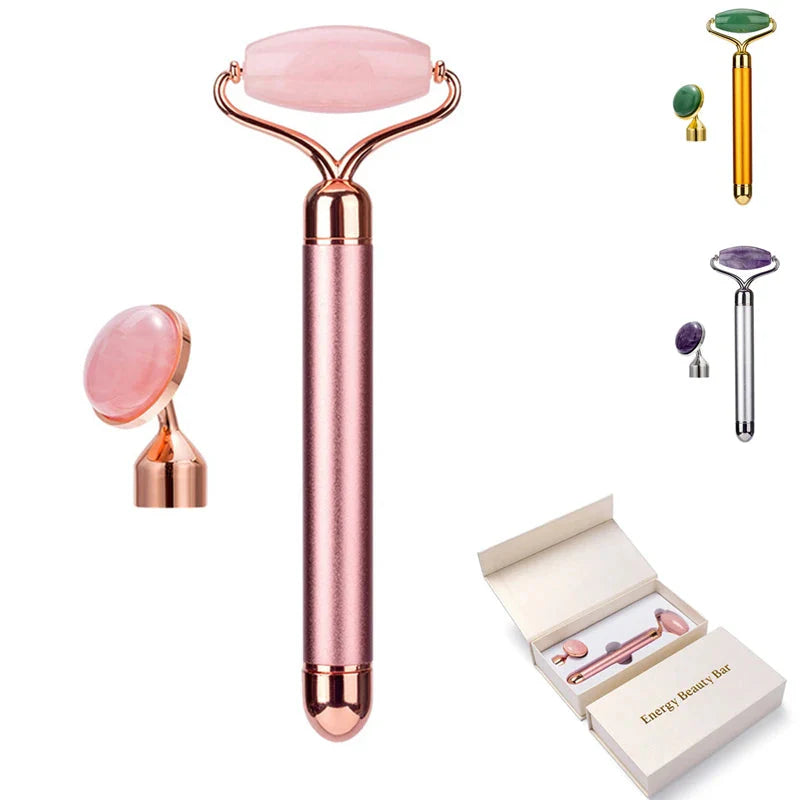 2‑in‑1 Electric Vibrating Rose Quartz & Jade Roller