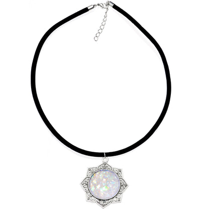 Handcrafted White Faux Opal Lotus Flower Love Velveteen Cord Necklace 16