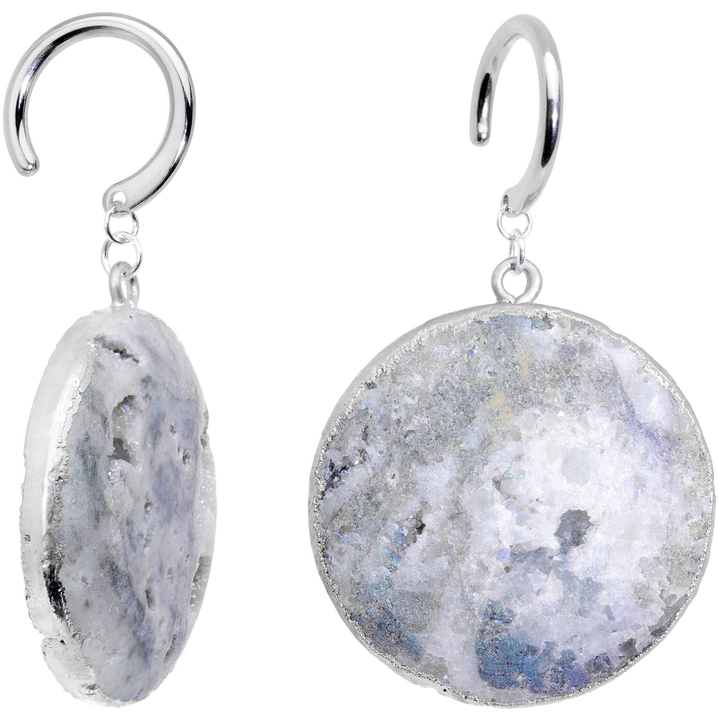 Handcrafted Steel Snowkissed White Natural Druzy Quartz Ear Weights